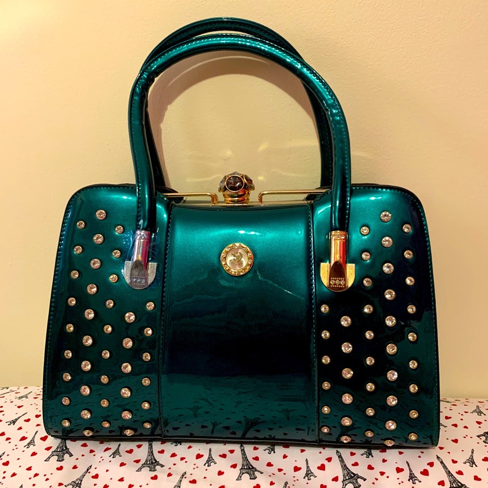 New wickedly green patent and rhinestone studded purse!